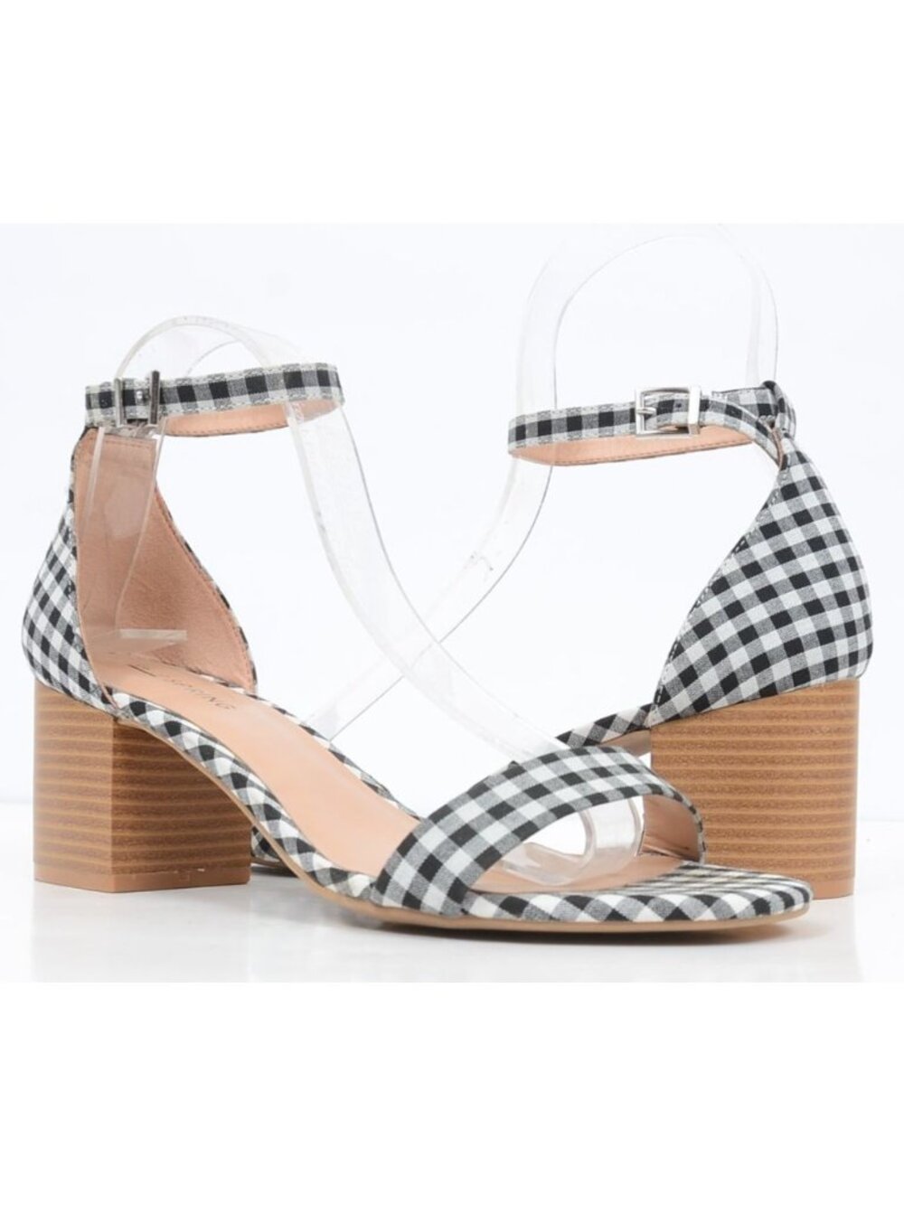 Call It Spring Women's 7.5 B/W Gingham Block Heeled Sandals Prairie Country